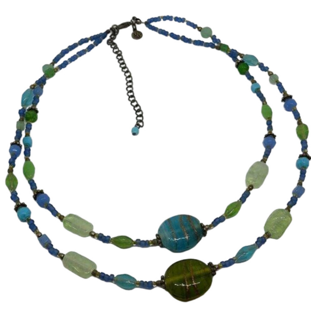 Vintage VJ Green-Blue Art Glass Necklace Double Layer Boho Festival Summer